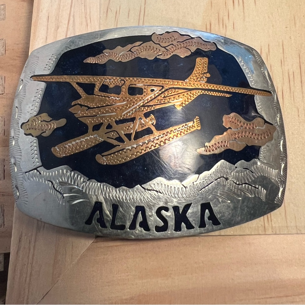 Alaska Aviation Themed Silver and Gold Belt Buckle